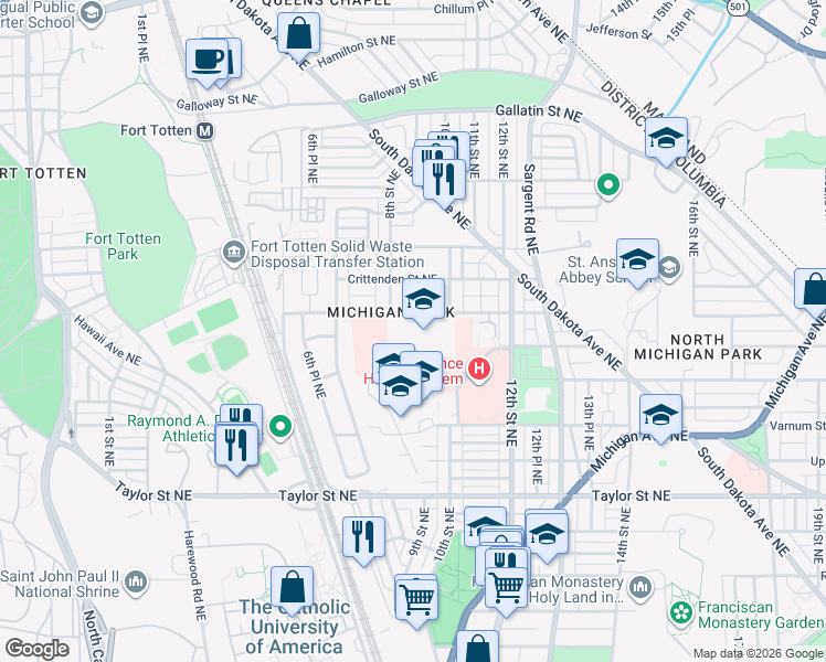 map of restaurants, bars, coffee shops, grocery stores, and more near 801 Buchanan Street Northeast in Washington