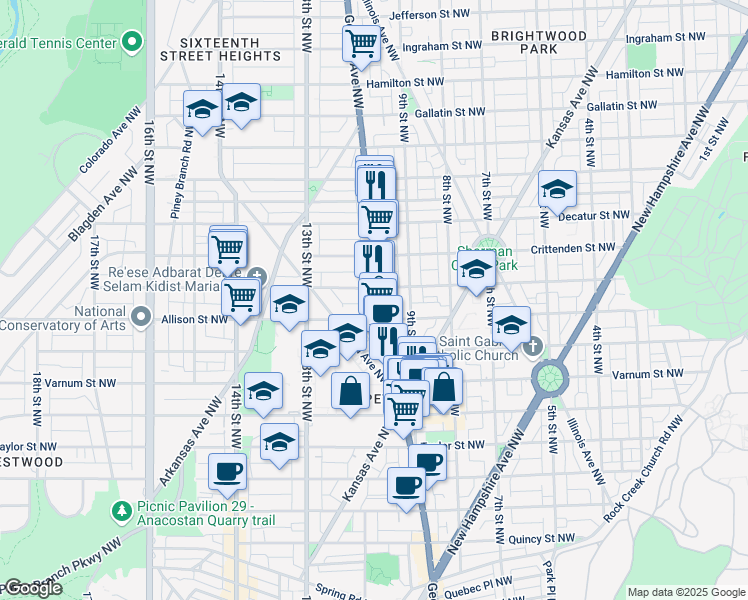 map of restaurants, bars, coffee shops, grocery stores, and more near 4520 Georgia Avenue Northwest in Washington