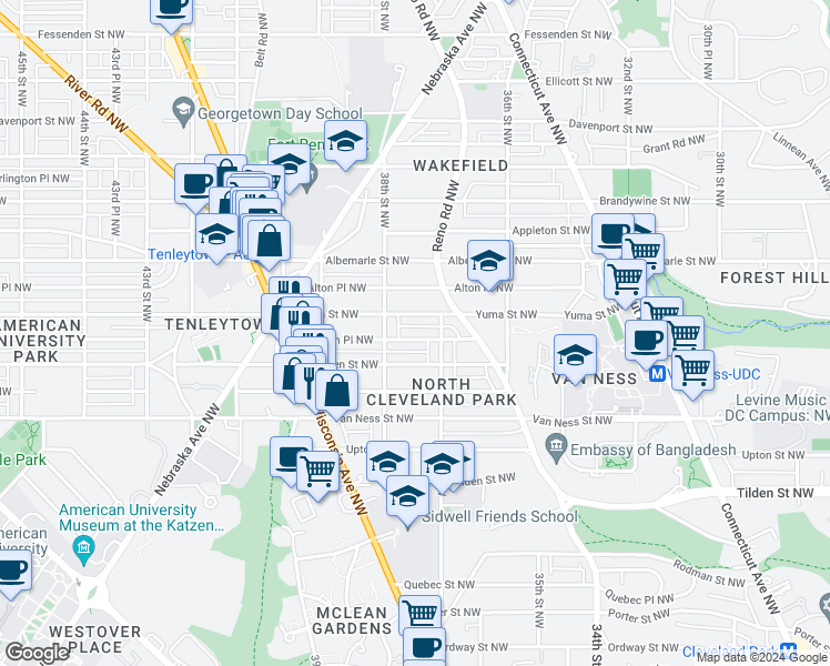 map of restaurants, bars, coffee shops, grocery stores, and more near 3715 Windom Place Northwest in Washington