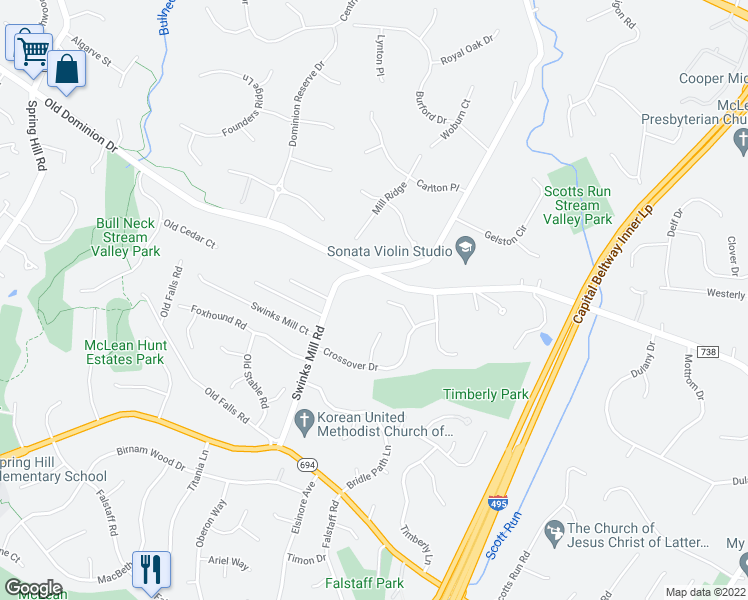 map of restaurants, bars, coffee shops, grocery stores, and more near 1160 Old Stage Court in McLean