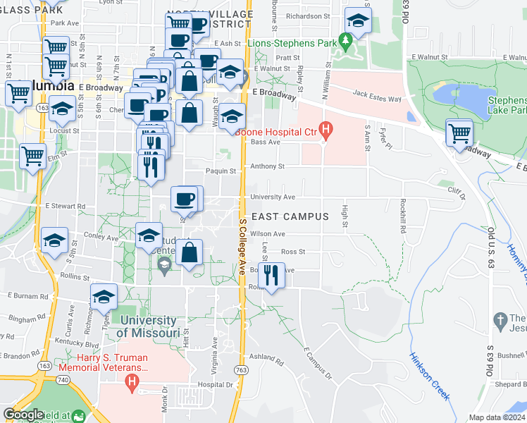 map of restaurants, bars, coffee shops, grocery stores, and more near 1313 Rosemary Lane in Columbia