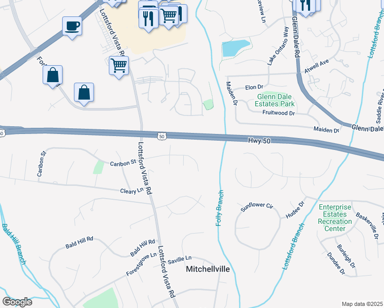 map of restaurants, bars, coffee shops, grocery stores, and more near 10604 Vista Grande Drive in Bowie