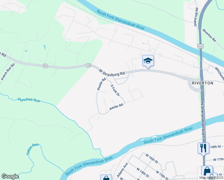 map of restaurants, bars, coffee shops, grocery stores, and more near 1207 South Fork Drive in Front Royal