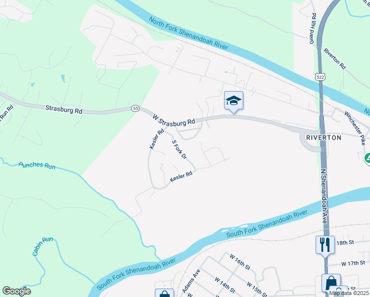 map of restaurants, bars, coffee shops, grocery stores, and more near 1204 South Fork Drive in Front Royal