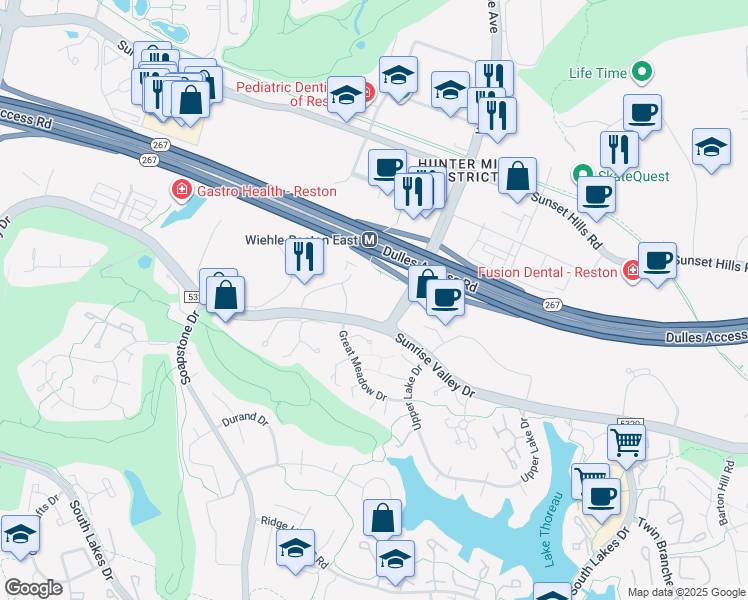 map of restaurants, bars, coffee shops, grocery stores, and more near 1850 Centennial Park Drive in Reston