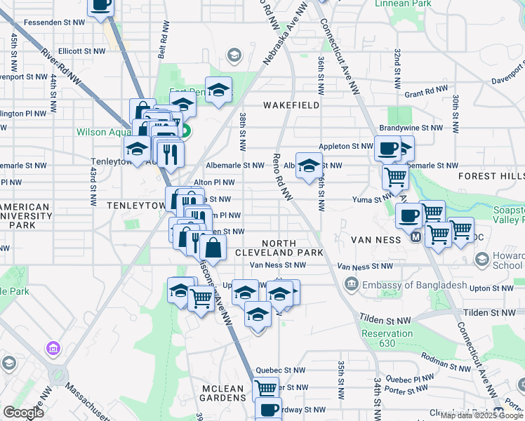 map of restaurants, bars, coffee shops, grocery stores, and more near 3715 Windom Place Northwest in Washington