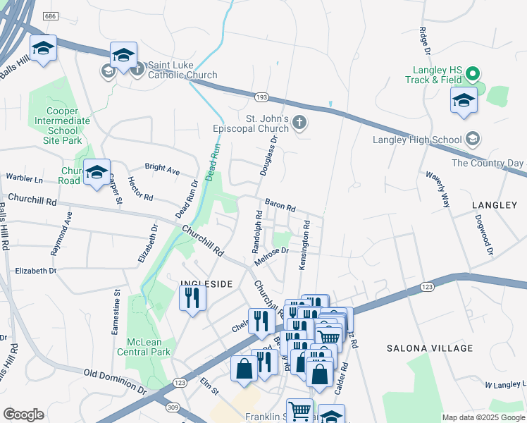 map of restaurants, bars, coffee shops, grocery stores, and more near 1113 Randolph Road in McLean