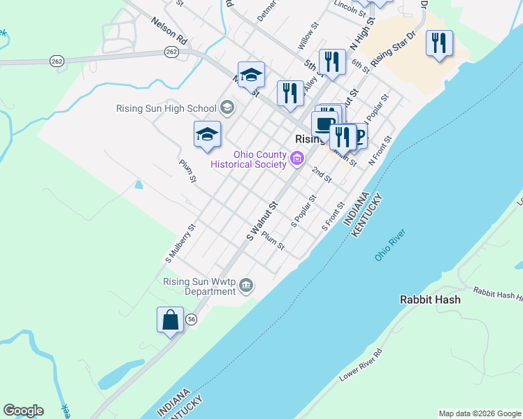 map of restaurants, bars, coffee shops, grocery stores, and more near 317 Williams Street in Rising Sun