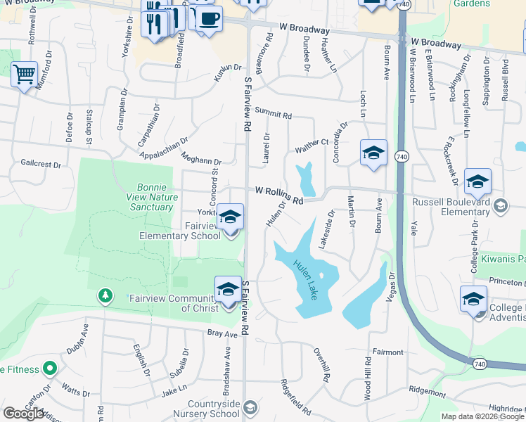 map of restaurants, bars, coffee shops, grocery stores, and more near 806 South Fairview Road in Columbia