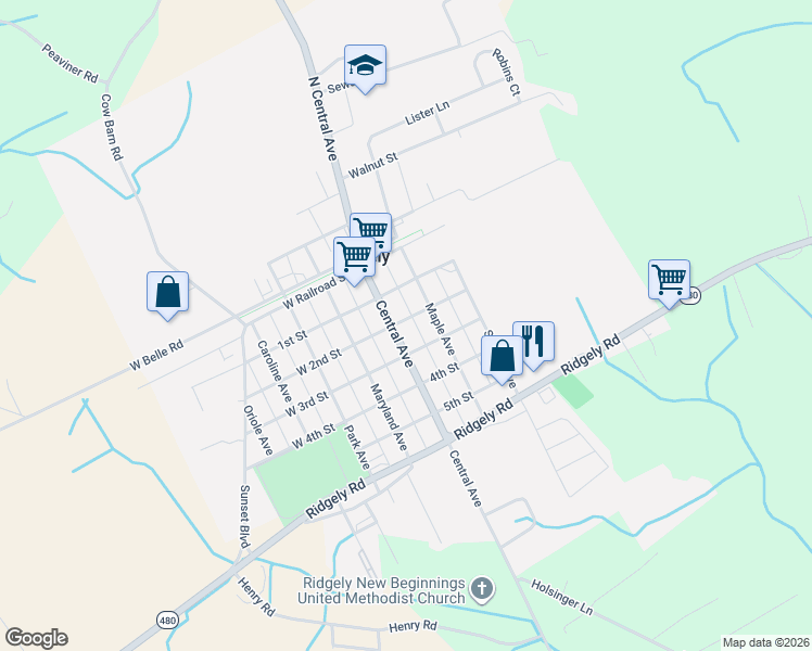 map of restaurants, bars, coffee shops, grocery stores, and more near 201 Maple Avenue in Ridgely
