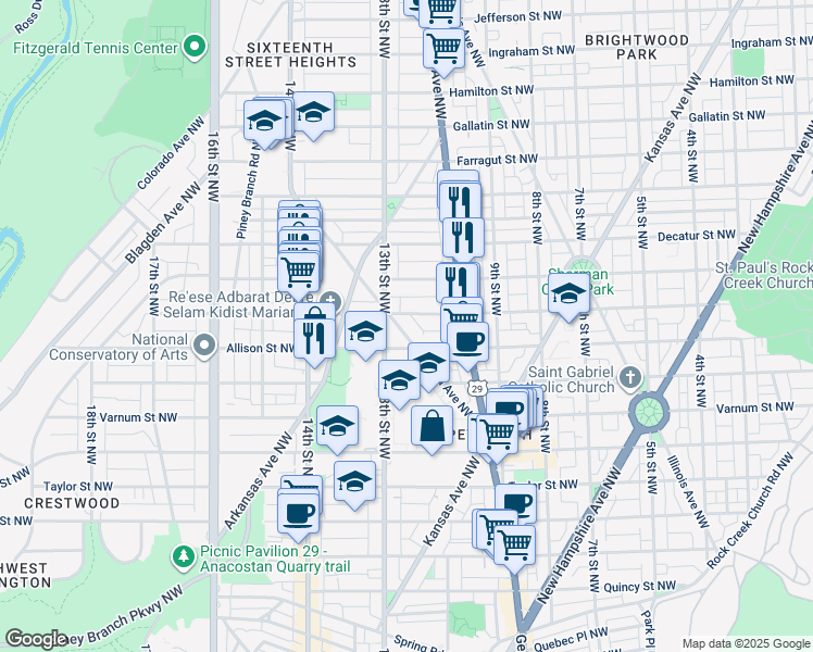 map of restaurants, bars, coffee shops, grocery stores, and more near 4525 Iowa Avenue Northwest in Washington