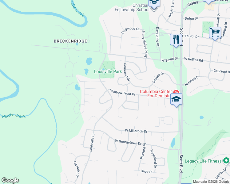 map of restaurants, bars, coffee shops, grocery stores, and more near 4907 Rainbow Trout Drive in Columbia