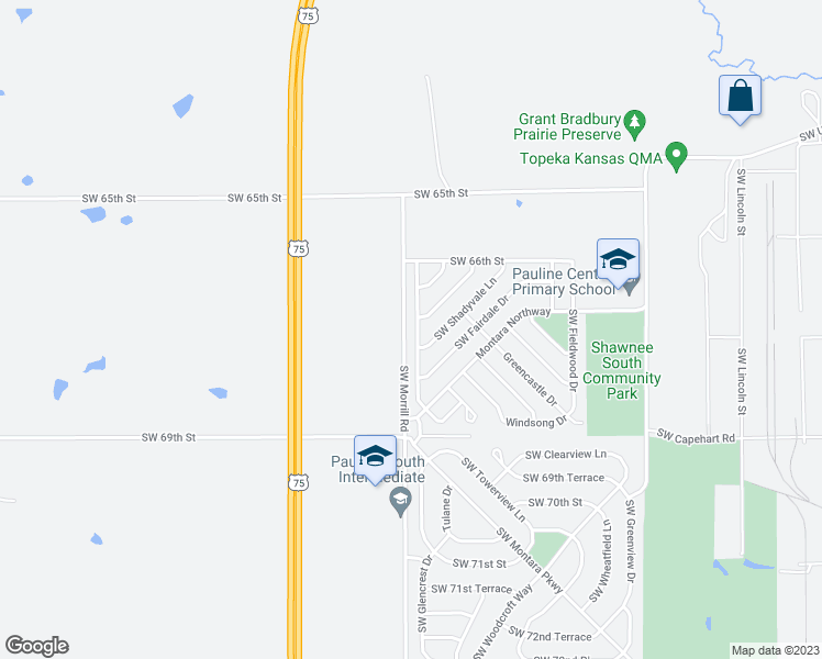 map of restaurants, bars, coffee shops, grocery stores, and more near 6703 Southwest Crestwood Drive in Topeka