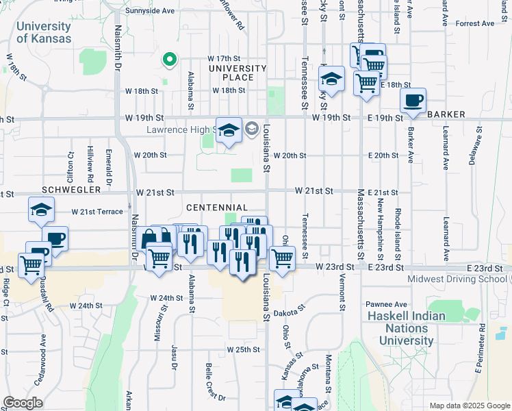 map of restaurants, bars, coffee shops, grocery stores, and more near 610 Greever Terrace in Lawrence
