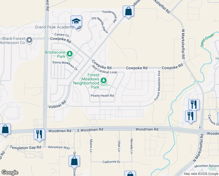map of restaurants, bars, coffee shops, grocery stores, and more near 7905 Superior Hill Place in Colorado Springs