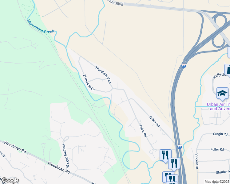 map of restaurants, bars, coffee shops, grocery stores, and more near 7616 Thunderbird Lane in Colorado Springs