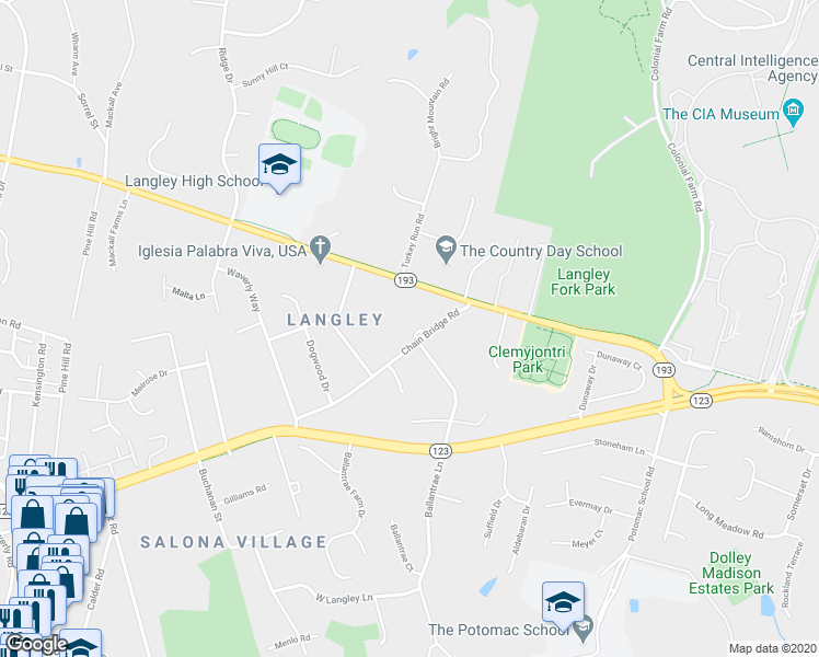 map of restaurants, bars, coffee shops, grocery stores, and more near 1132 Chain Bridge Road in McLean