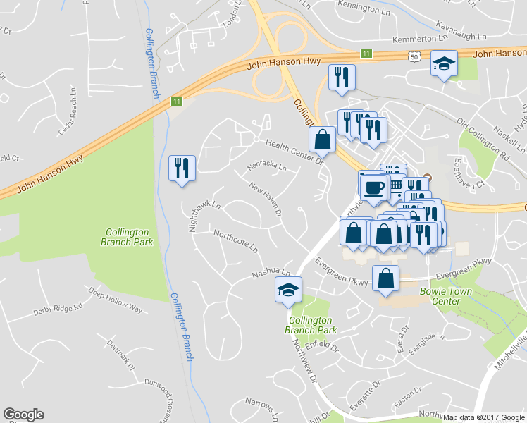 map of restaurants, bars, coffee shops, grocery stores, and more near 15018 Newcomb Lane in Bowie