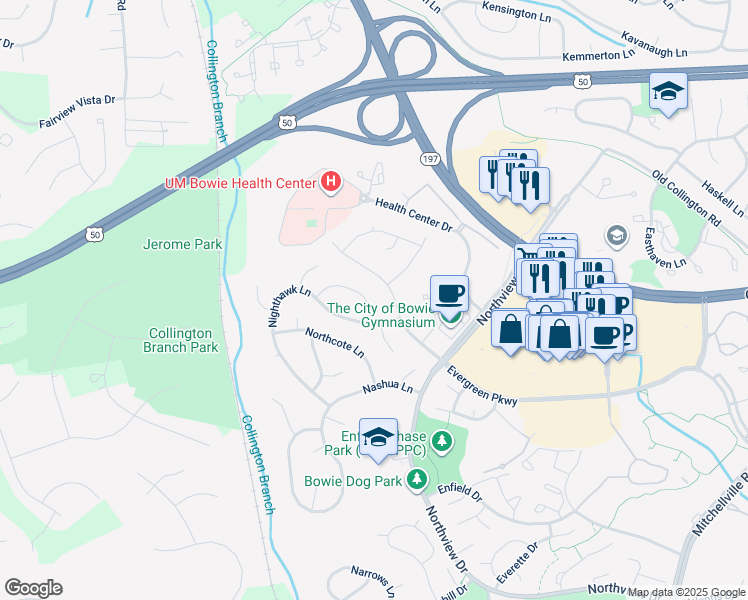 map of restaurants, bars, coffee shops, grocery stores, and more near 15018 Newcomb Lane in Bowie