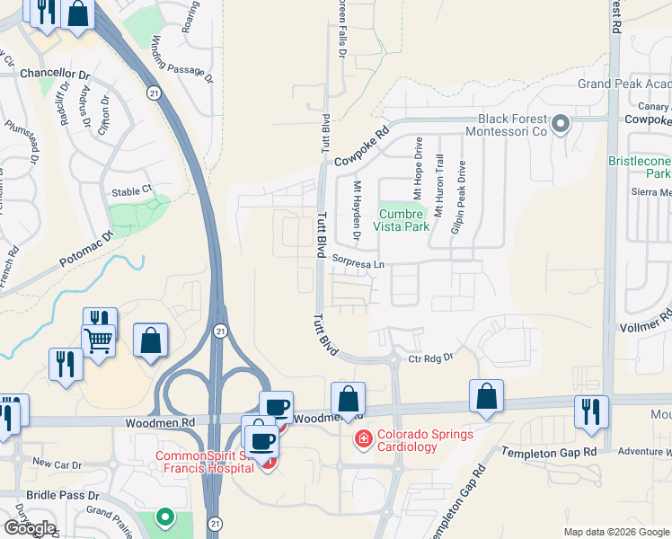 map of restaurants, bars, coffee shops, grocery stores, and more near 5868 Cumbre Vista Way in Colorado Springs