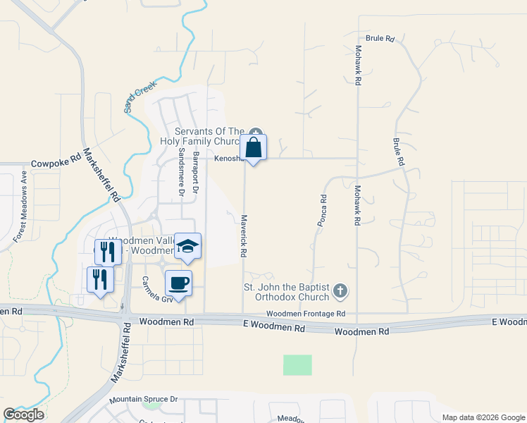 map of restaurants, bars, coffee shops, grocery stores, and more near 7855 Maverick Road in Colorado Springs