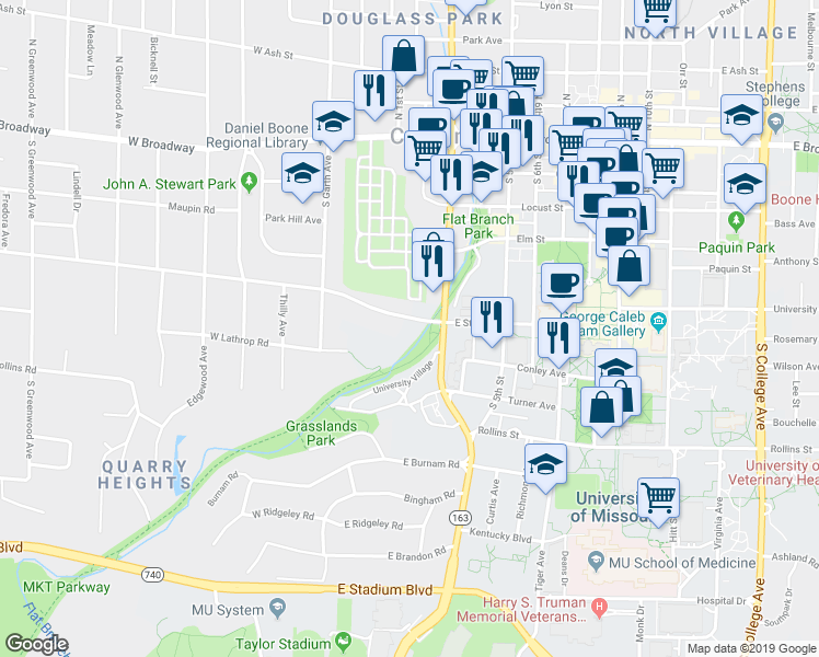 map of restaurants, bars, coffee shops, grocery stores, and more near 110 East Stewart Road in Columbia