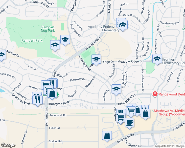 map of restaurants, bars, coffee shops, grocery stores, and more near 3050 Mirage Drive in Colorado Springs