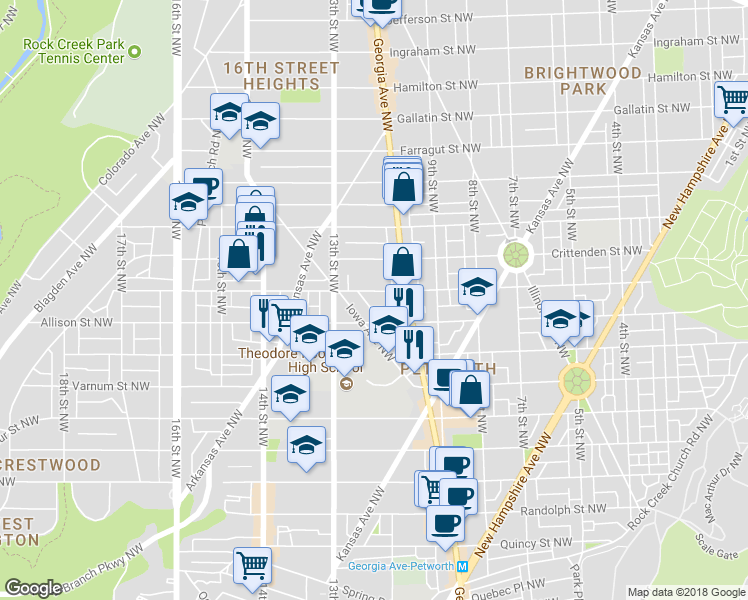 map of restaurants, bars, coffee shops, grocery stores, and more near 1130 Buchanan Street Northwest in Washington