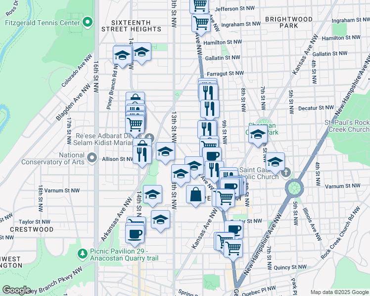 map of restaurants, bars, coffee shops, grocery stores, and more near 4525 Iowa Avenue Northwest in Washington