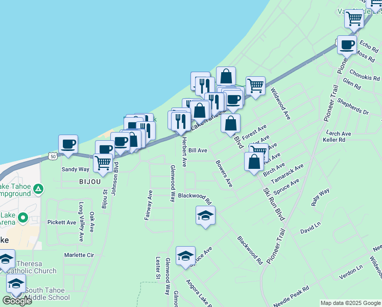map of restaurants, bars, coffee shops, grocery stores, and more near 3592 Bill Avenue in South Lake Tahoe