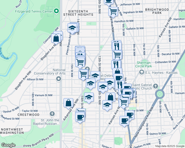 map of restaurants, bars, coffee shops, grocery stores, and more near 1324 Buchanan Street Northwest in Washington
