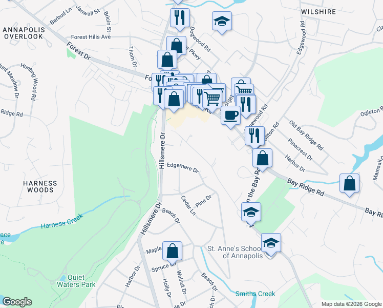 map of restaurants, bars, coffee shops, grocery stores, and more near 906 Old Annapolis Neck Road in Annapolis
