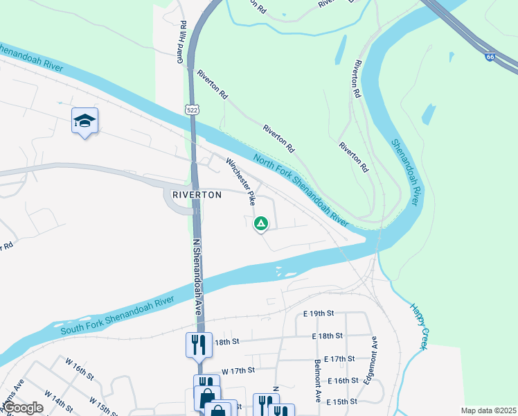 map of restaurants, bars, coffee shops, grocery stores, and more near 1324 Old Winchester Pike in Front Royal