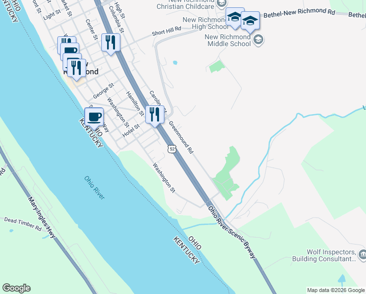 map of restaurants, bars, coffee shops, grocery stores, and more near 764 Greenmound Road in New Richmond