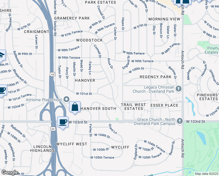 map of restaurants, bars, coffee shops, grocery stores, and more near 10033 Connell Drive in Overland Park