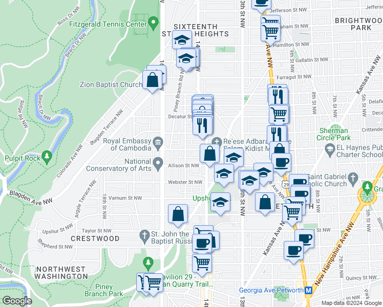 map of restaurants, bars, coffee shops, grocery stores, and more near 1424 Buchanan Street Northwest in Washington