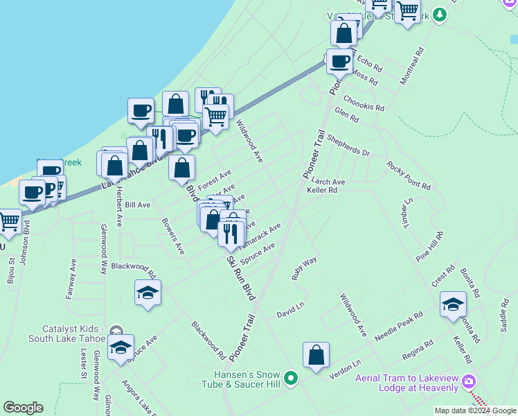 map of restaurants, bars, coffee shops, grocery stores, and more near 3720 Larch Avenue in South Lake Tahoe