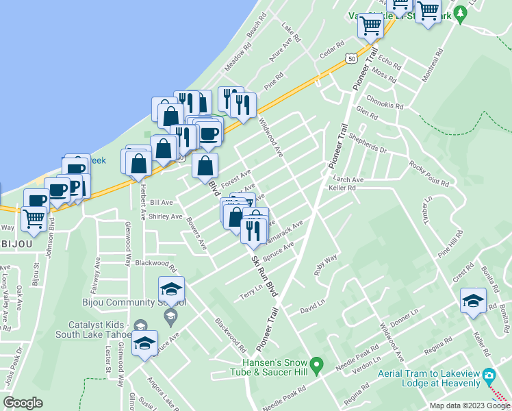 map of restaurants, bars, coffee shops, grocery stores, and more near 3688 Aspen Avenue in South Lake Tahoe