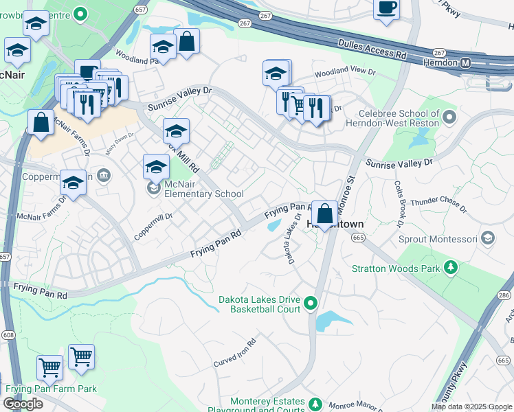 map of restaurants, bars, coffee shops, grocery stores, and more near 2431 Coopers Branch Court in Herndon