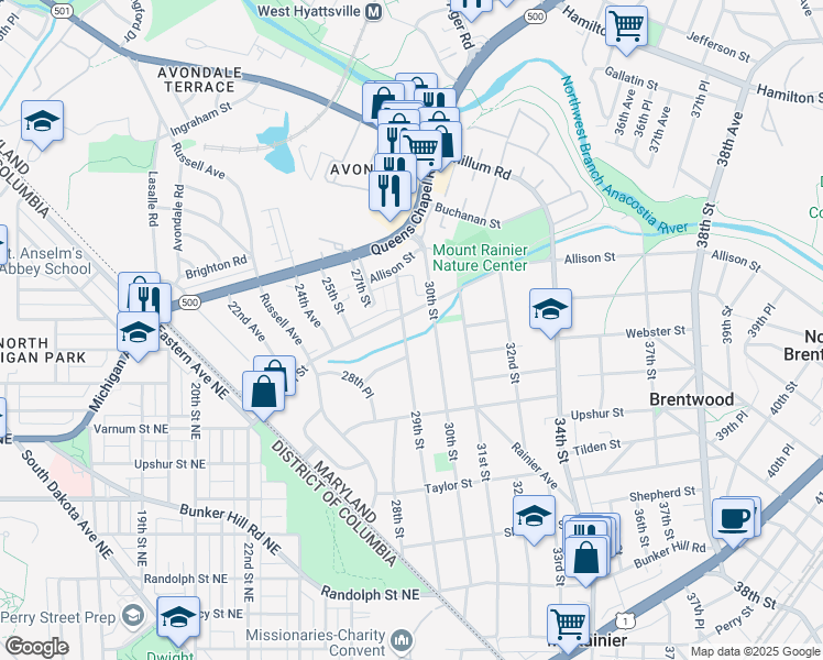 map of restaurants, bars, coffee shops, grocery stores, and more near 4521 29th Street in Mount Rainier