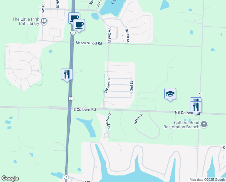 map of restaurants, bars, coffee shops, grocery stores, and more near 111 Southeast Rock Garden Lane in Blue Springs