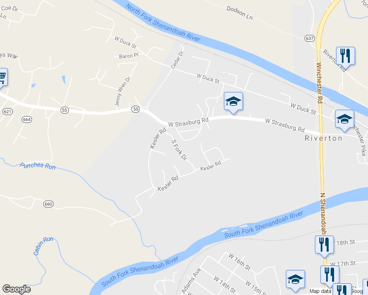 map of restaurants, bars, coffee shops, grocery stores, and more near 1204 S Fork Dr in Front Royal