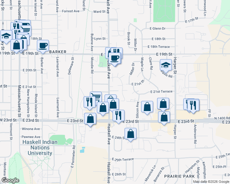 map of restaurants, bars, coffee shops, grocery stores, and more near 2100 Haskell Avenue in Lawrence
