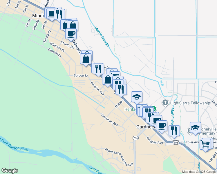 map of restaurants, bars, coffee shops, grocery stores, and more near 1520 U.S. Highway 395 North in Gardnerville