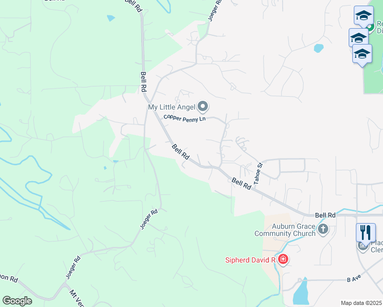 map of restaurants, bars, coffee shops, grocery stores, and more near 3760 Bell Road in Auburn