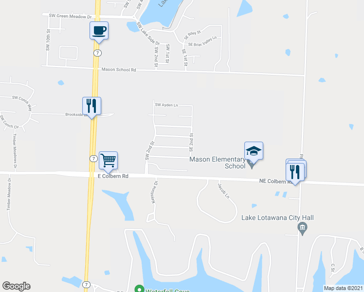 map of restaurants, bars, coffee shops, grocery stores, and more near 123 Southeast Rose Garden Lane in Lee's Summit
