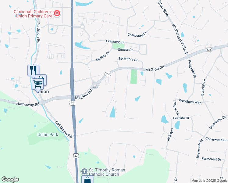 map of restaurants, bars, coffee shops, grocery stores, and more near 10051 Golden Pond Drive in Union