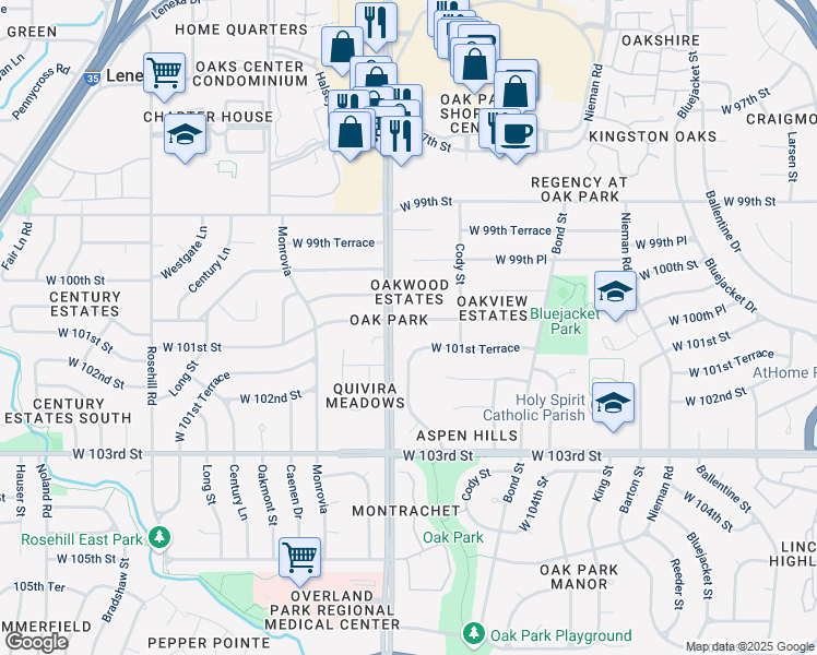 map of restaurants, bars, coffee shops, grocery stores, and more near in Overland Park