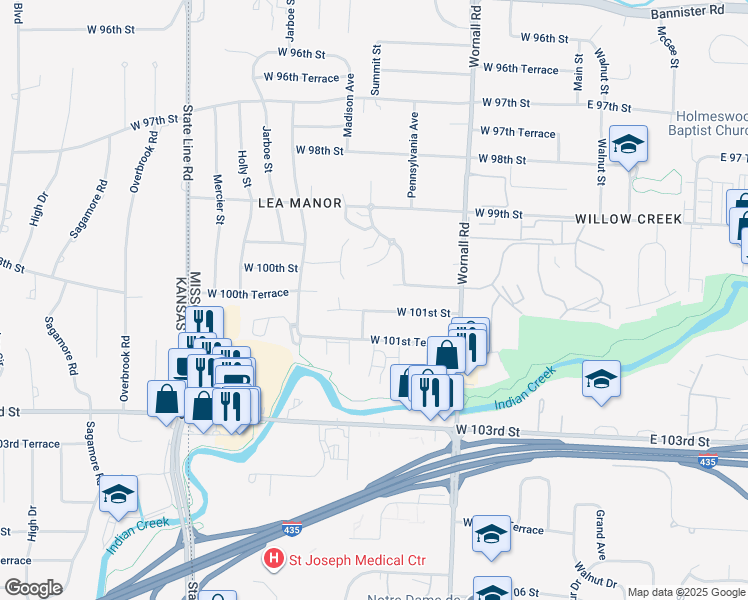 map of restaurants, bars, coffee shops, grocery stores, and more near 612 West 101st Street in Kansas City