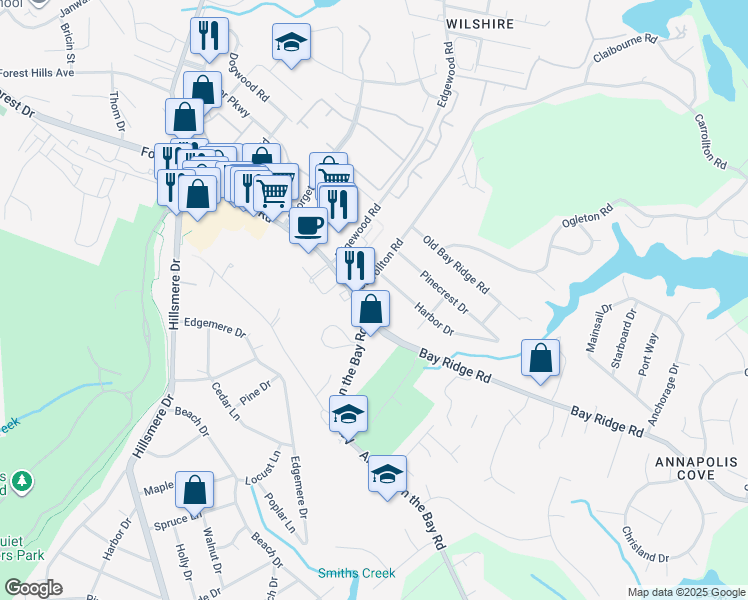map of restaurants, bars, coffee shops, grocery stores, and more near 2848 Green Willow Drive in Annapolis